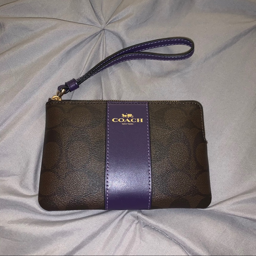 Coach NWT Brown/ Navy blue Print Wristlet